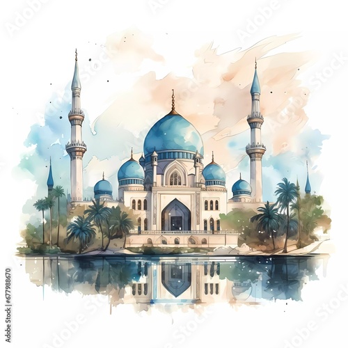 mosque in watercolor style, on a white background. generative ai