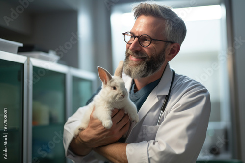 a male excotic pet vet hugging rabbit bokeh style background