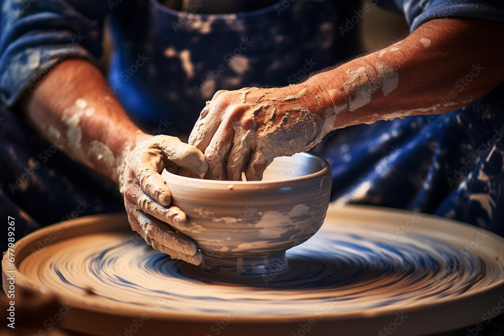 a man making pottery with throwing wheel bokeh style background - obrazy, fototapety, plakaty 