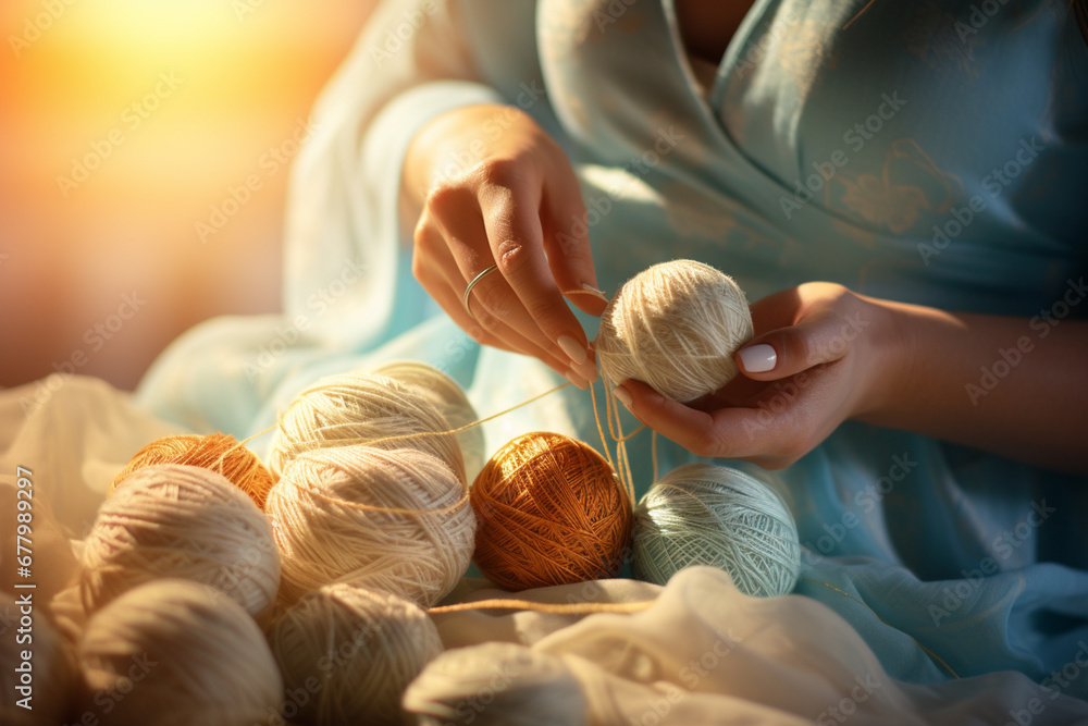 close up of hands making balls of yarn bokeh style background