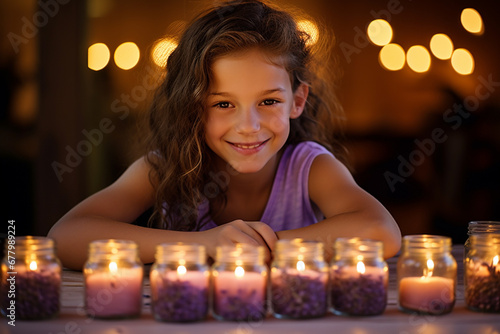 A young girl sitting behind candles bokeh style background