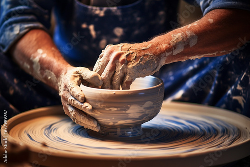 a man making pottery with throwing wheel bokeh style background photo