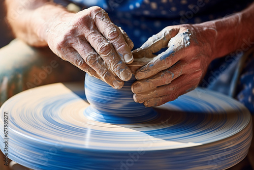 a man making pottery with throwing wheel bokeh style background photo