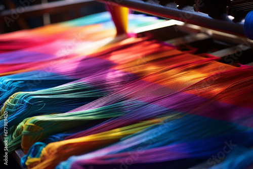 colorful yarn weaving on a loom  bokeh style background © toonsteb