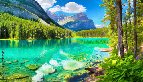 A tranquil lakeside view in summer in Banff, Canada, where emerald waters meet lush greenery, creating a refreshing and idyllic retreat.