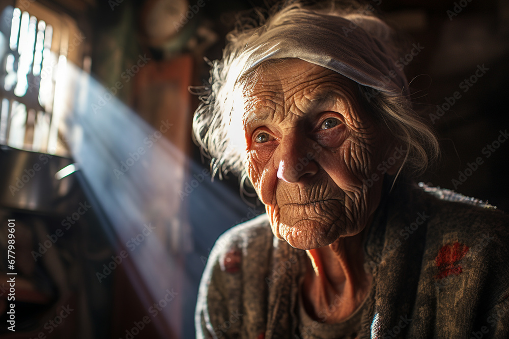 an old woman smiling in living room bokeh style background