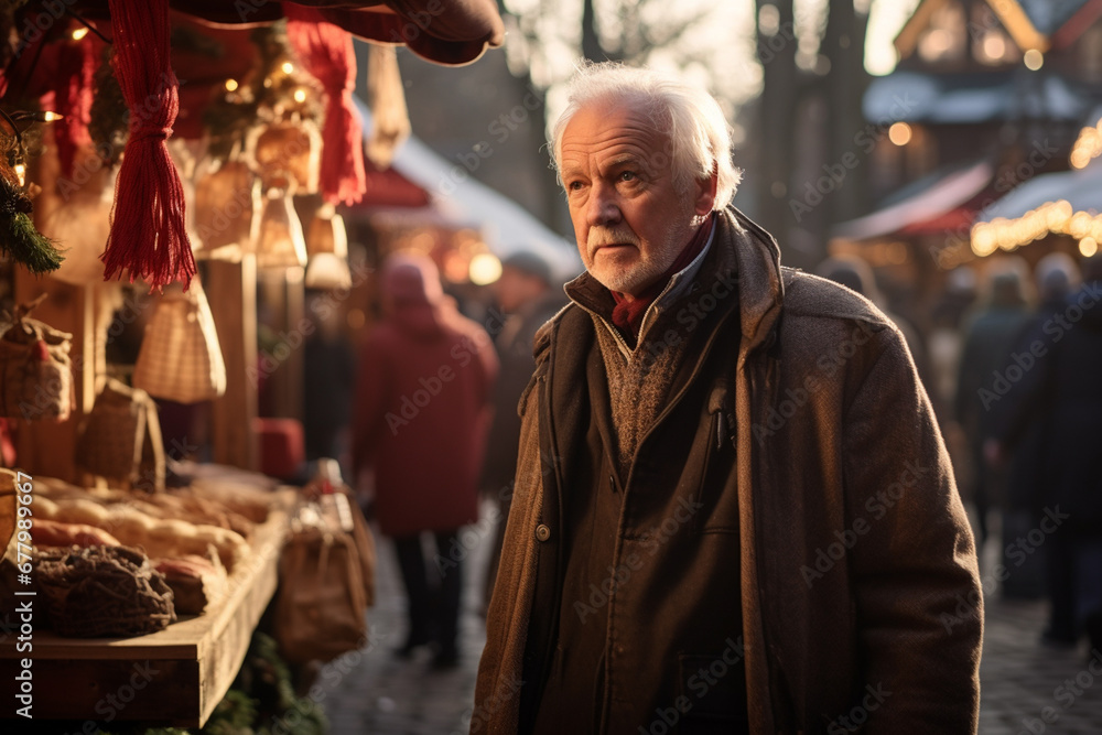 an old man standing at christmas market on christmas festival bokeh style background