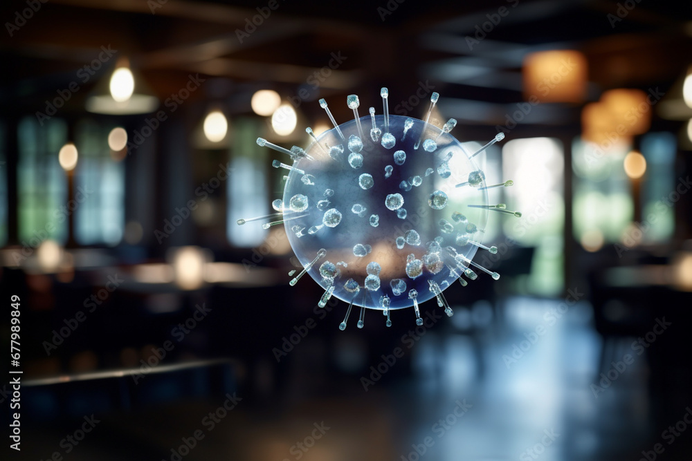 coronavirus spread in the air at restaurant bokeh style background