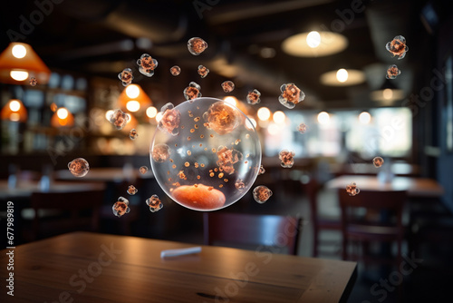 coronavirus spread in the air at restaurant bokeh style background