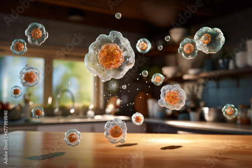 coronavirus spread in the air at kitchen room bokeh style background photo