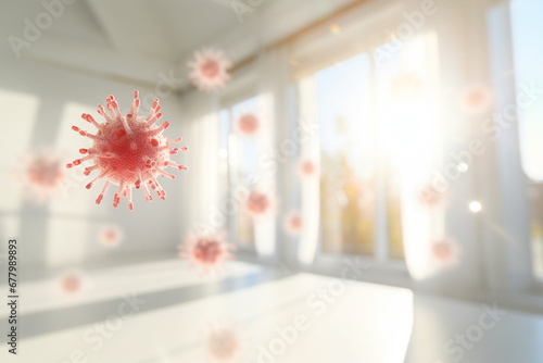 coronavirus spread in the air at white room bokeh style background photo