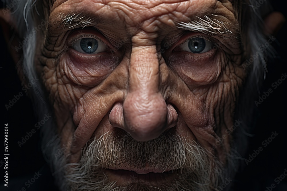 The performance of body aging shall be marked with wrinkles, spots. Blue eyes of senior old man The performance of body aging shall be marked with wrinkles, spots. Blue eyes of senior old man