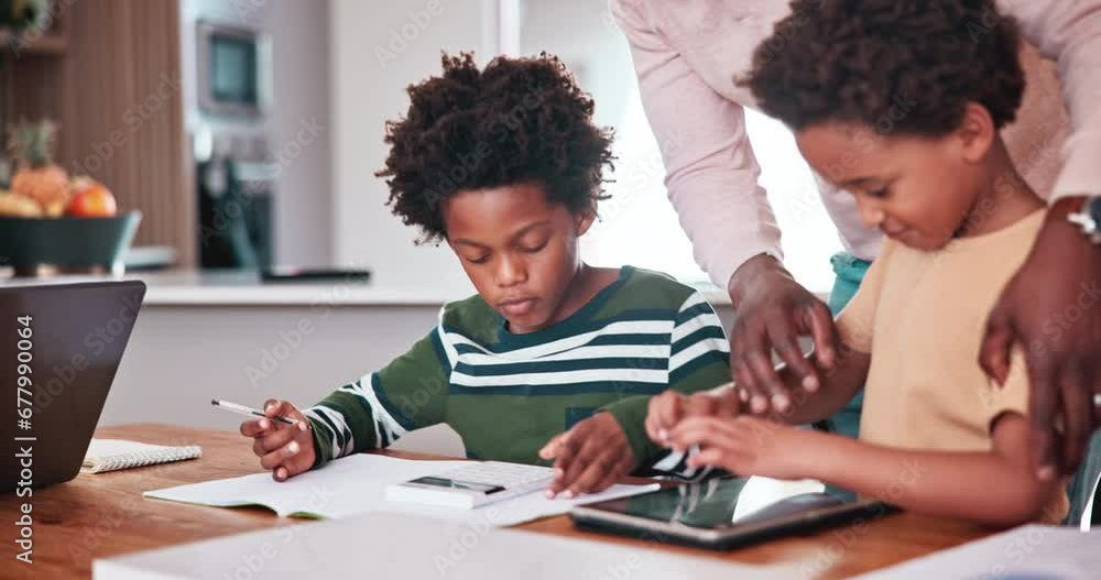 Children, parent and online education for math, numbers and teaching with calculator and tablet at home. African family and kids on digital technology for helping with homework and school support Children, parent and online education for math, numbers and teaching with calculator and tablet at home. African family and kids on digital technology for helping with homework and school support