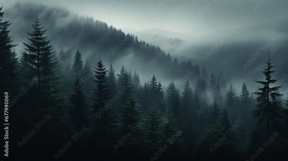 misty autumn coniferous evergreen forest in the mountains nature landscape panoramic view