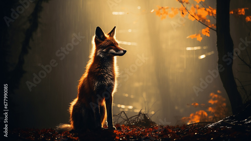 fox silhouette in misty autumn forest landscape wildlife view