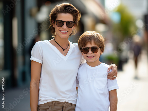 Mother and son wearing blank empty white t-shirt mockup for design template, mothers day concept