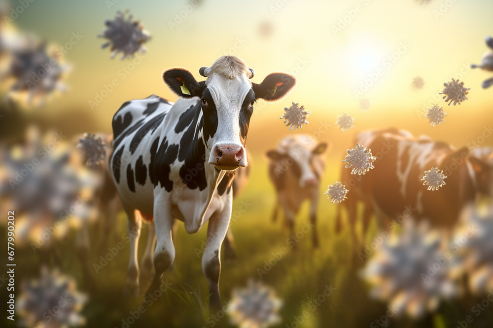 coronavirus spread to cows in the farm bokeh style background
