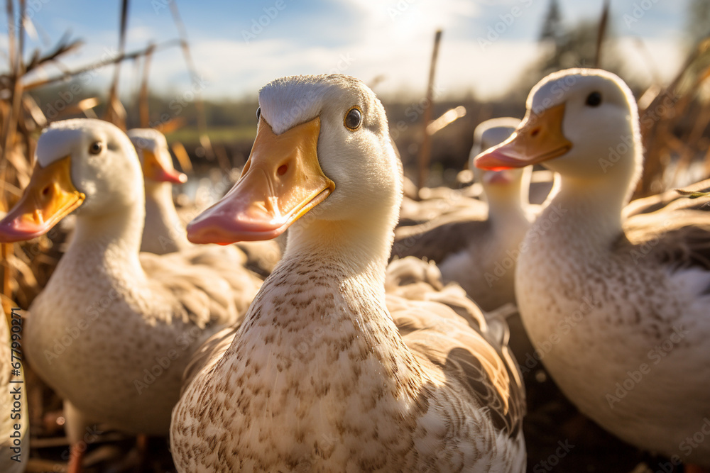 Flock of ducks standing on the farm bokeh style background Flock of ducks standing on the farm bokeh style background