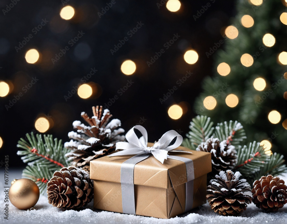 Christmas background for a greeting card, New Year decorations, gifts with pine cones and snowflakes, beautiful holiday background, empty space for text. Generated AI