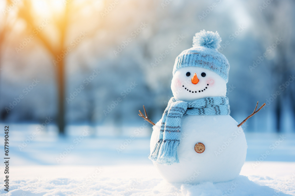 a snowman standing outdoors in winter holiday bokeh style background