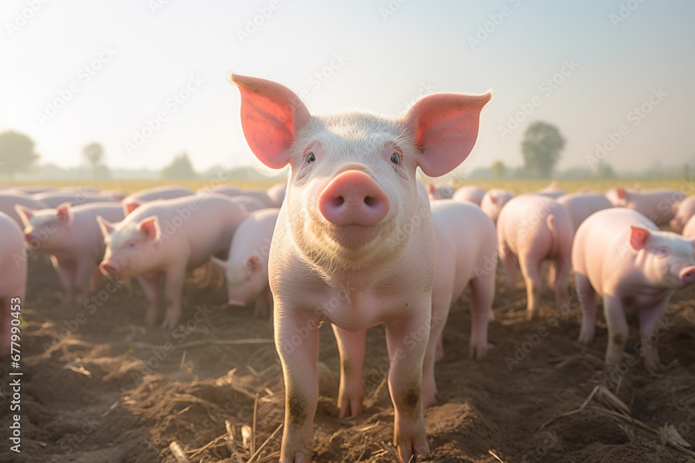 Flock of pigs standing on the farm bokeh style background Flock of pigs standing on the farm bokeh style background