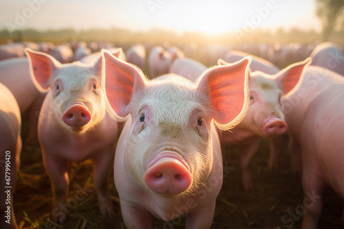 Flock of pigs standing on the farm bokeh style background