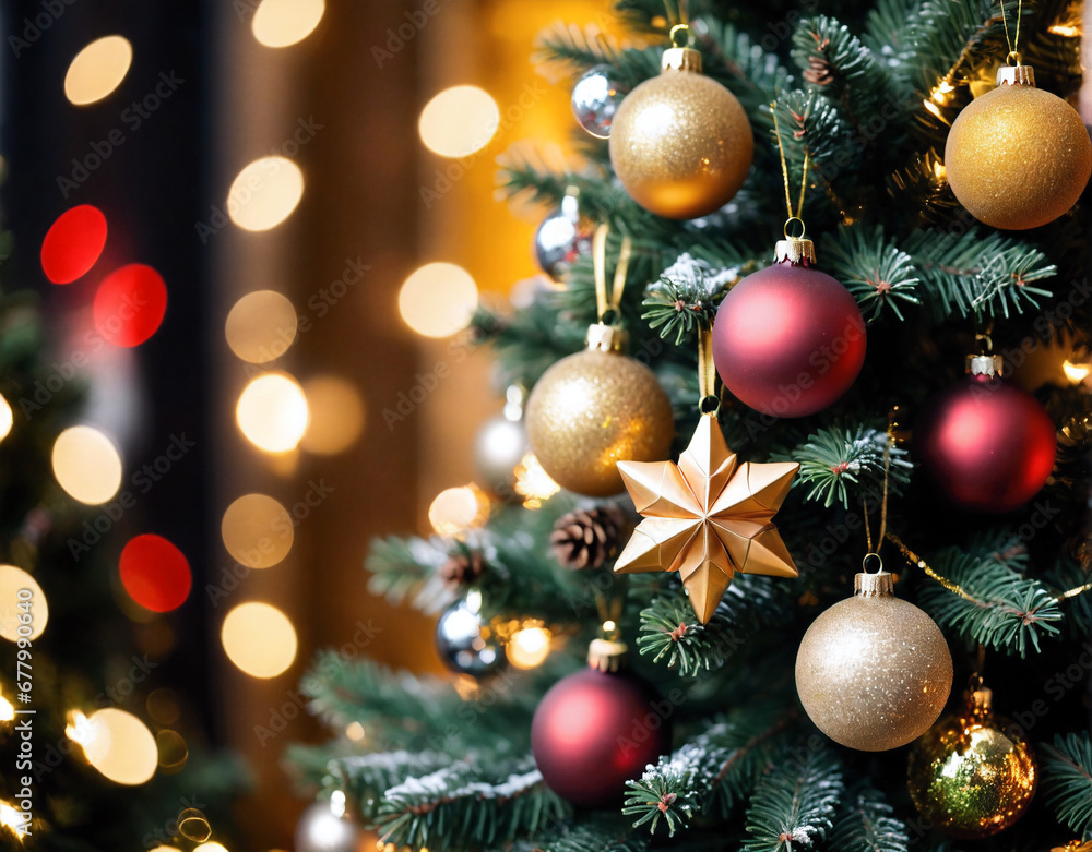 Christmas background for a greeting card, New Year decorations, colorful balls, beautiful holiday background, empty space for text. Generated AI Christmas background for a greeting card, New Year decorations, colorful balls, beautiful holiday background, empty space for text. Generated AI