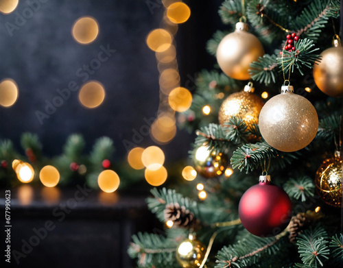 Christmas background for a greeting card, New Year decorations, colorful balls, beautiful holiday background, empty space for text. Generated AI