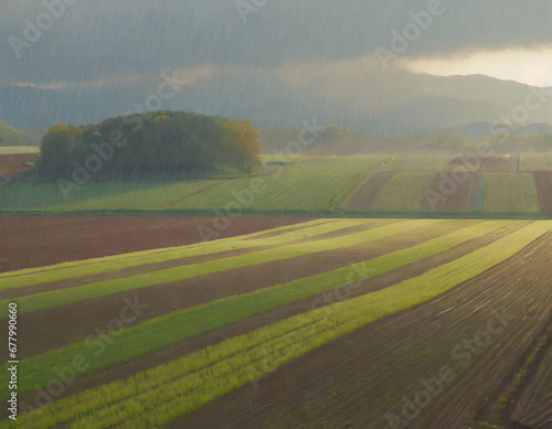 A rural farmland during a gentle rain in Hokkaido, Japan, with crops glistening in the moisture and the earthy scent of petrichor in the air.