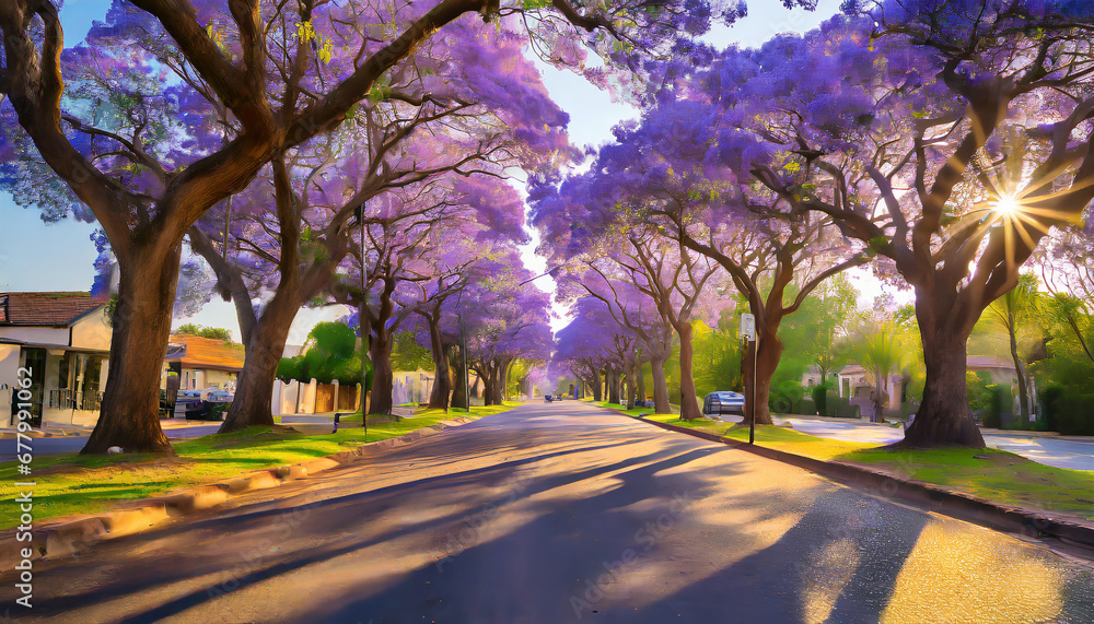 A suburban street lined with jacaranda trees in full bloom in Pretoria, South Africa, creating a vibrant purple canopy in the spring.