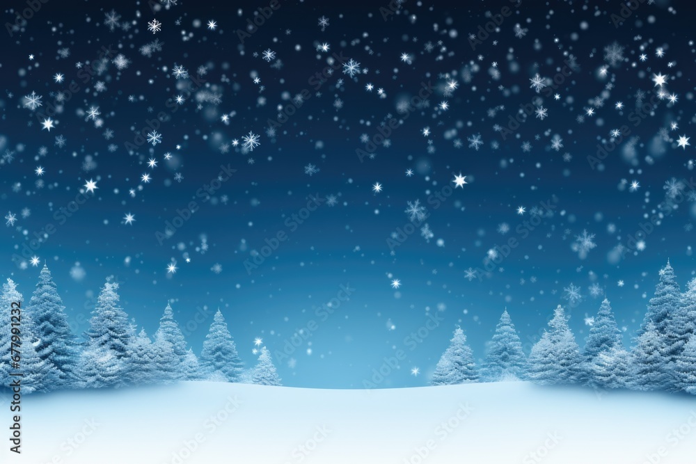 Illustration of winter snowy landscape with Christmas trees. Copy space.