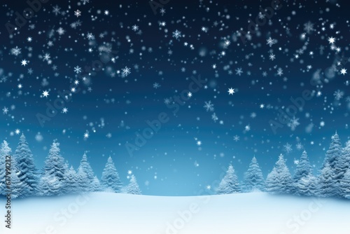 Illustration of winter snowy landscape with Christmas trees. Copy space. © P