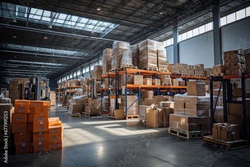 Industries that have warehouses or storage areas full of shelves and cardboard boxes by Generative AI photo