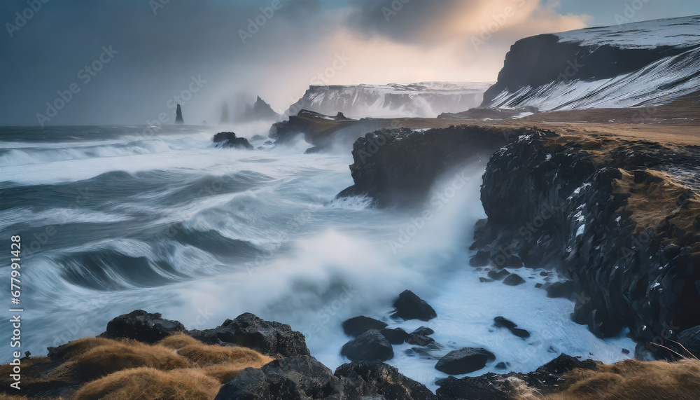 A rocky coastal scene during a winter storm in Iceland, with crashing waves, dramatic cliffs, and the sound of the North Atlantic winds.