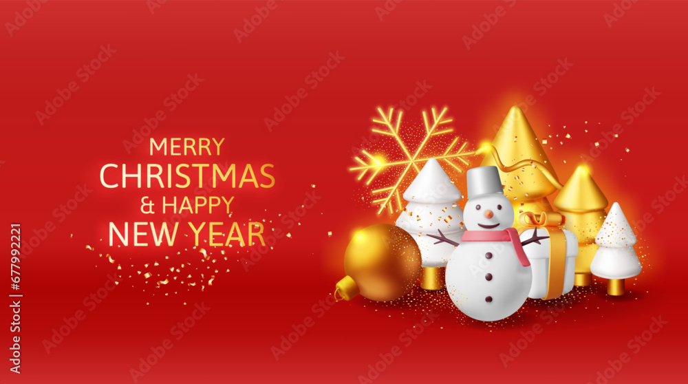 3D Snowman with GIft Boxes and Gold Christmas Tree. Render Happy New Year Decoration Banner. Merry Christmas Holiday. New Year and Xmas Celebration. Realistic Vector Illustration 3D Snowman with GIft Boxes and Gold Christmas Tree. Render Happy New Year Decoration Banner. Merry Christmas Holiday. New Year and Xmas Celebration. Realistic Vector Illustration