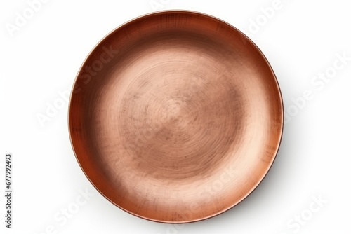 Empty copper frying pan on the kitchen. Top view