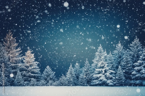 Illustration of winter snowy landscape with Christmas trees. Copy space.