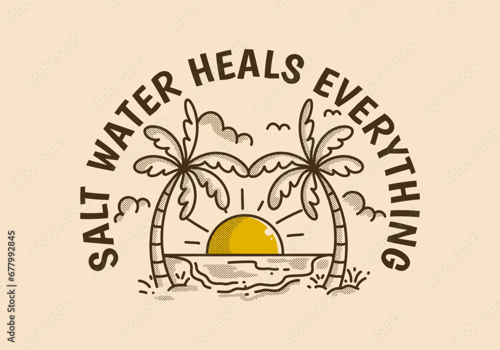 Salt water heals everything. Retro line art illustration of a beach with big sun Salt water heals everything. Retro line art illustration of a beach with big sun