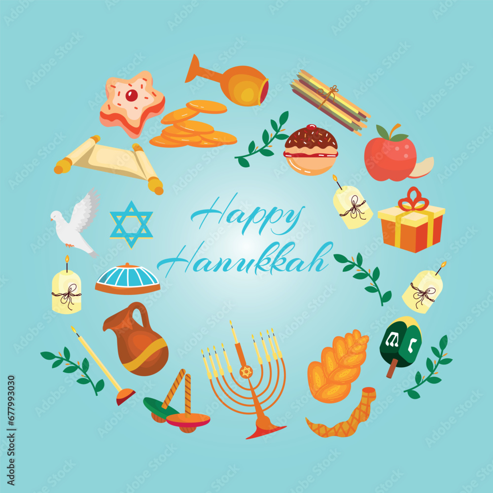 Banner for Happy Hanukkah on light blue background Banner for Happy Hanukkah on light blue background