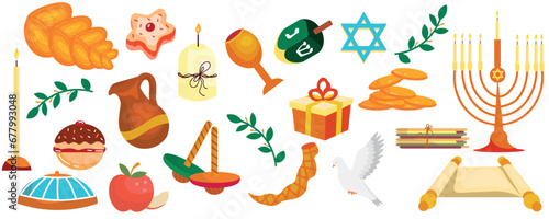 Set of Hanukkah symbols on white background