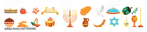 Set of Hanukkah symbols on white background