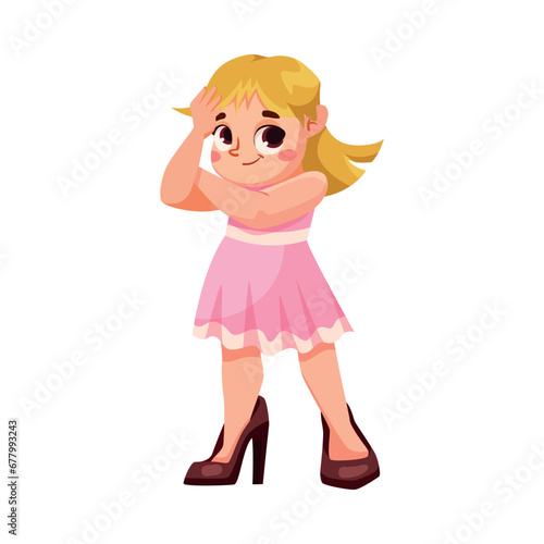 Little Girl Dress Up as Adult Wearing Oversized Clothes Vector Illustration