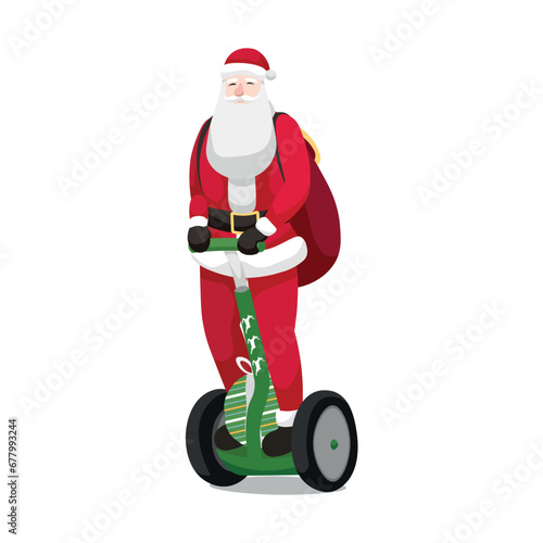 Santa Claus with gifts and modern gyroscooter on white background