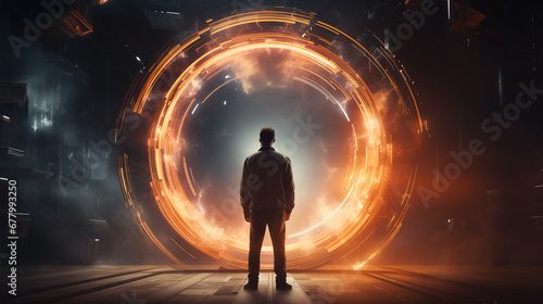 man standing in front of a portal, futuristic technology concept illustration, wallpaper