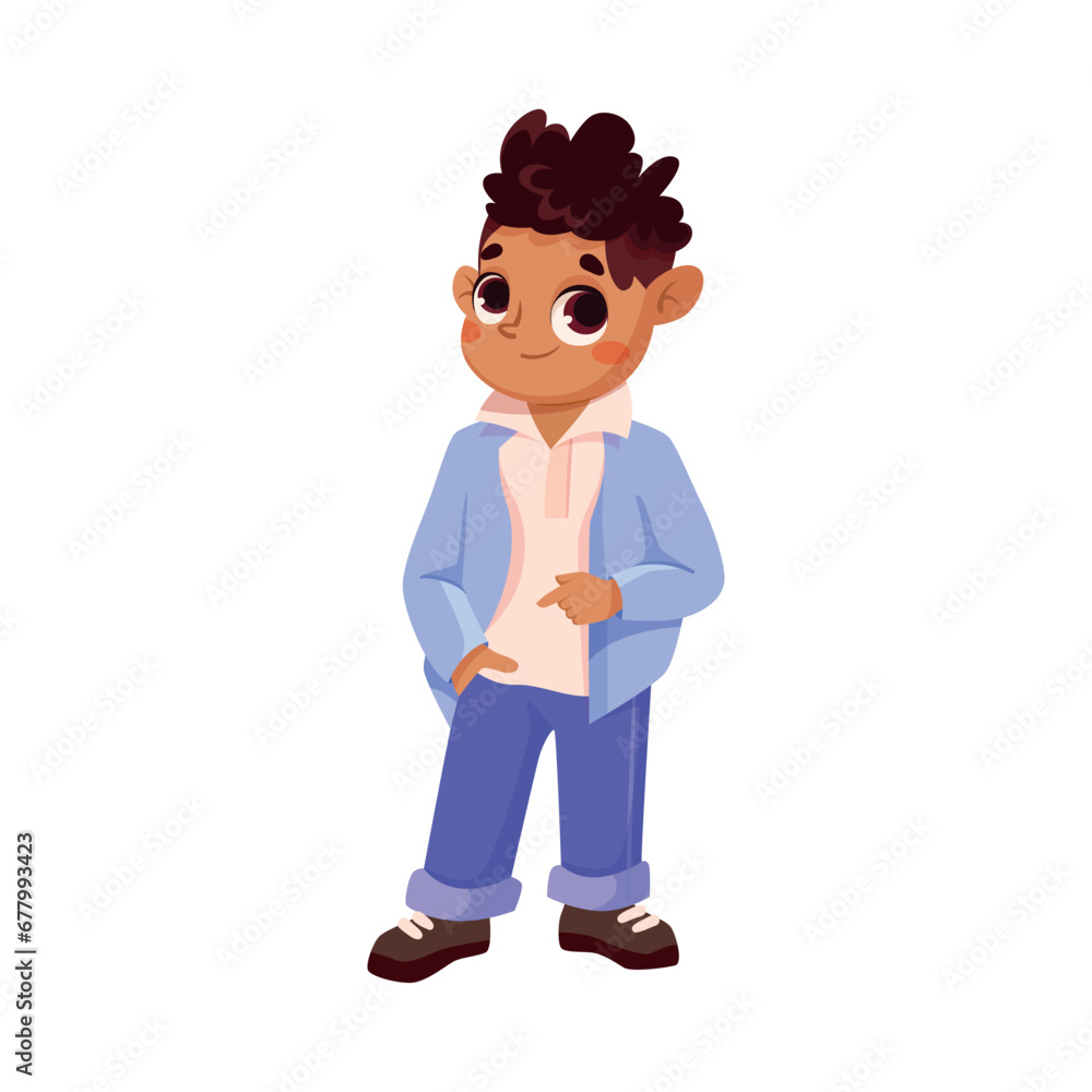 Little Boy Dress Up in Jacket as Adult Wearing Elegant Clothes Vector Illustration
