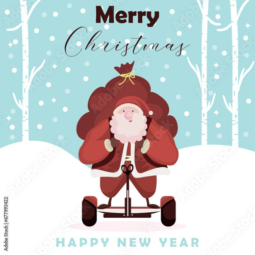 Greeting card for Merry Christmas and Happy New Year with Santa Claus on modern gyroscooter