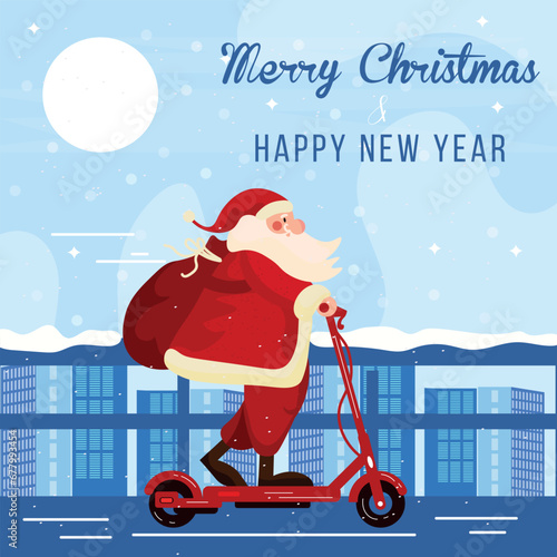 Greeting card for Merry Christmas and Happy New Year with Santa Claus on modern kick scooter