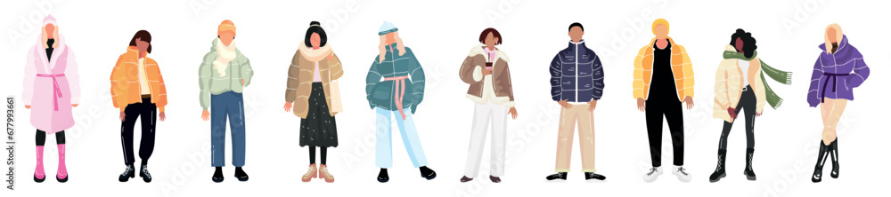 Group of young people in stylish winter clothes on white background Group of young people in stylish winter clothes on white background