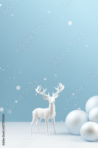 White deer, Christmas trees and balloons on blue snowy background. Christmas concept. New Year. © P