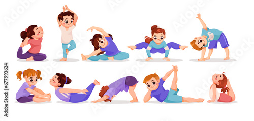 Children Doing Yoga Standing in Asana Vector Set